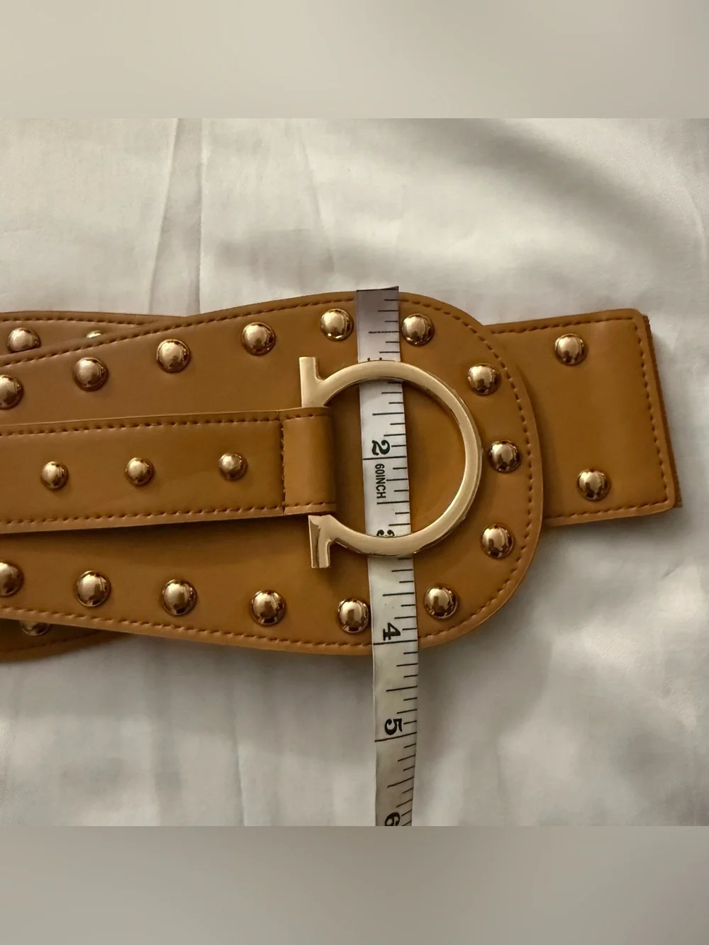 Camel wide PU studded leather elastic waistband belt